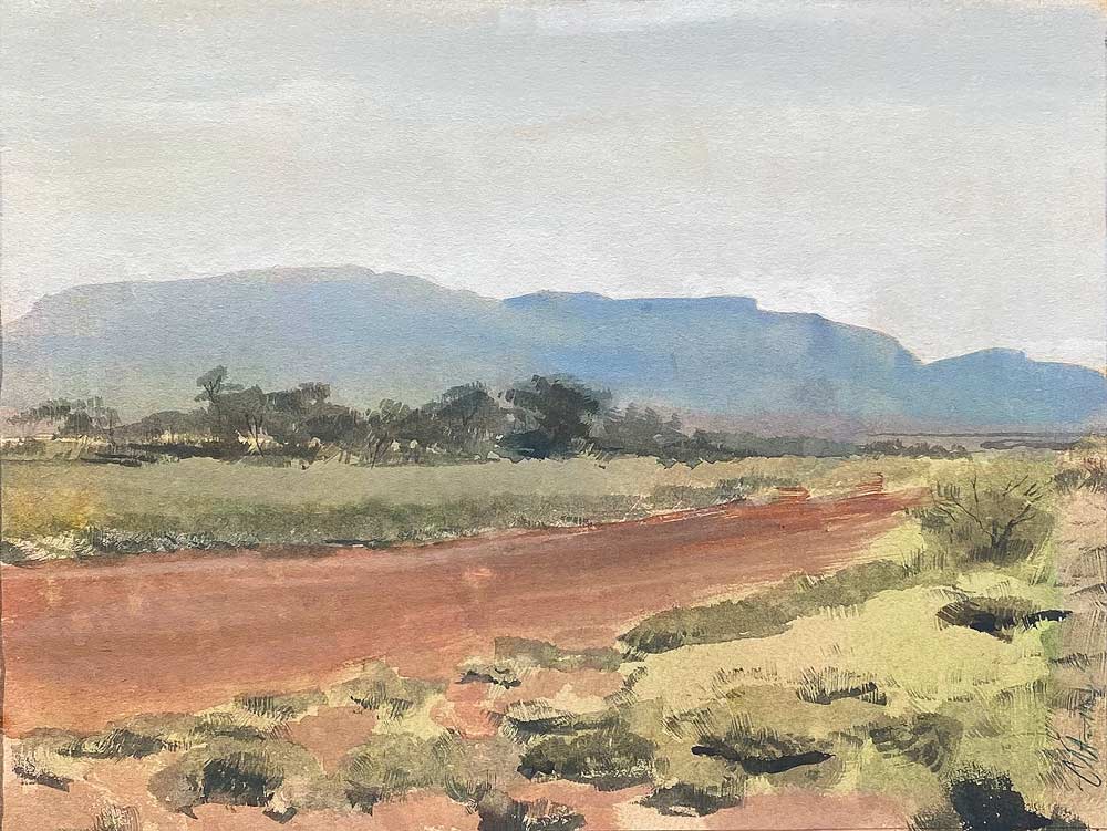 overcast farm road into the camdeboo - Karoo watercolour painting