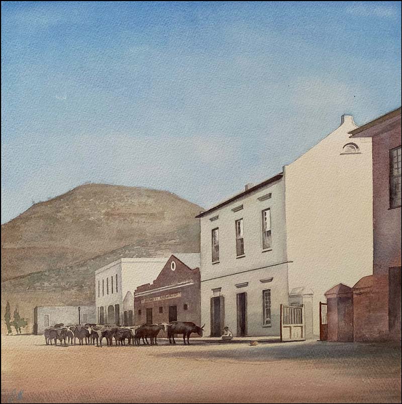 overcast farm road into the camdeboo - Karoo watercolour painting