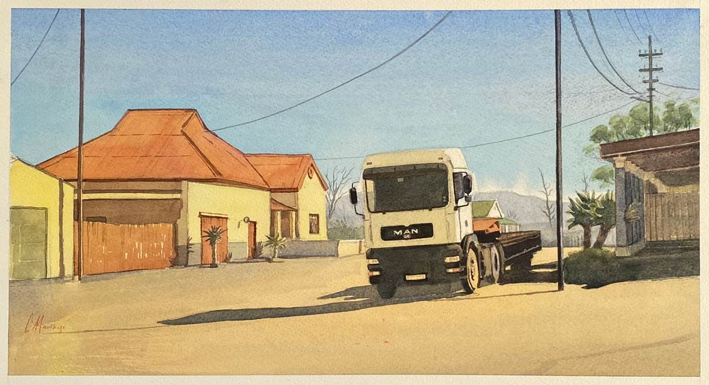 overcast farm road into the camdeboo - Karoo watercolour painting